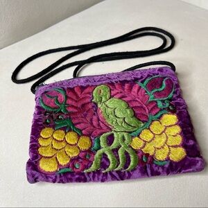 Vintage Mini Purse Velvet Purple Bird Embroidered Small Top Zip Colorful Bag